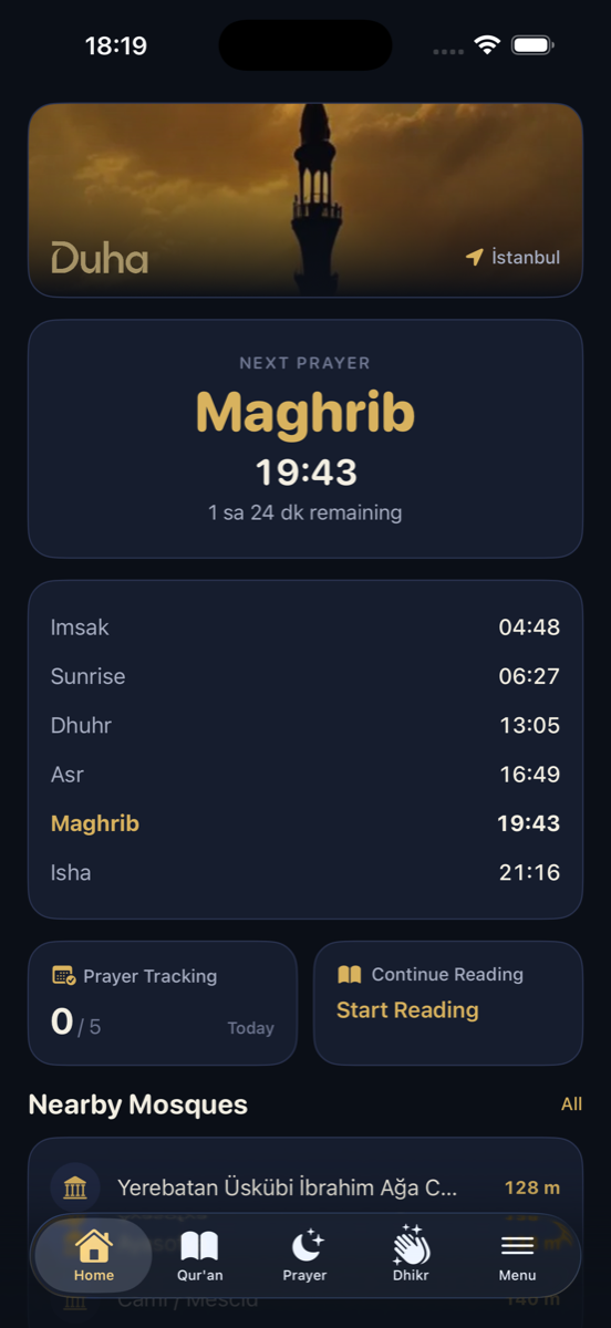 Duha home screen with the next prayer time, countdown and today's date