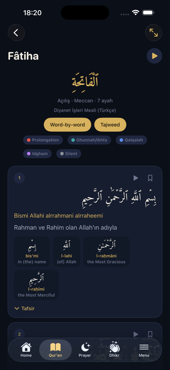 The full Qur'an in Uthmani script with translation and audio
