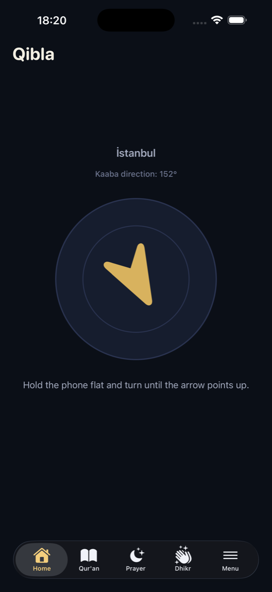 Duha's Qibla compass pointing toward the Kaaba on Android