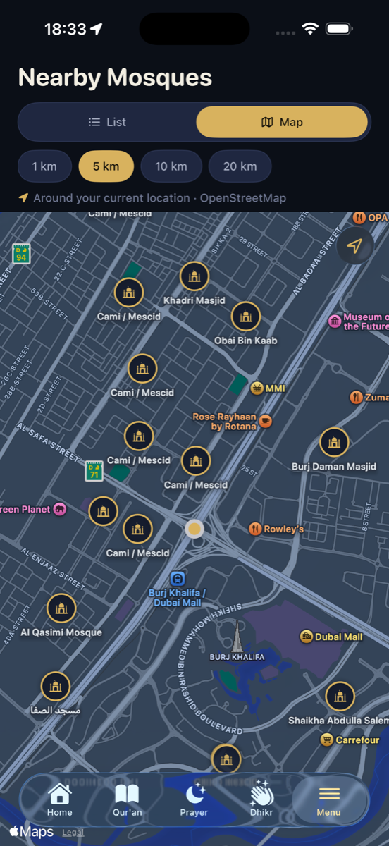 Nearby mosques on a map and list